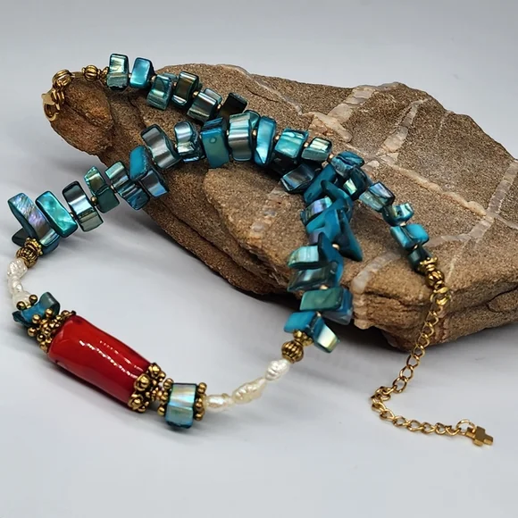 FP Ariana Ost Rare Designer Necklace Natural Coral Pearl Mother Of Pearl Stone - Picture 14 of 15